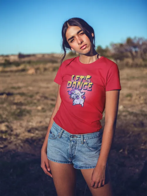 Red color T-shirt for girls with let's dance print
